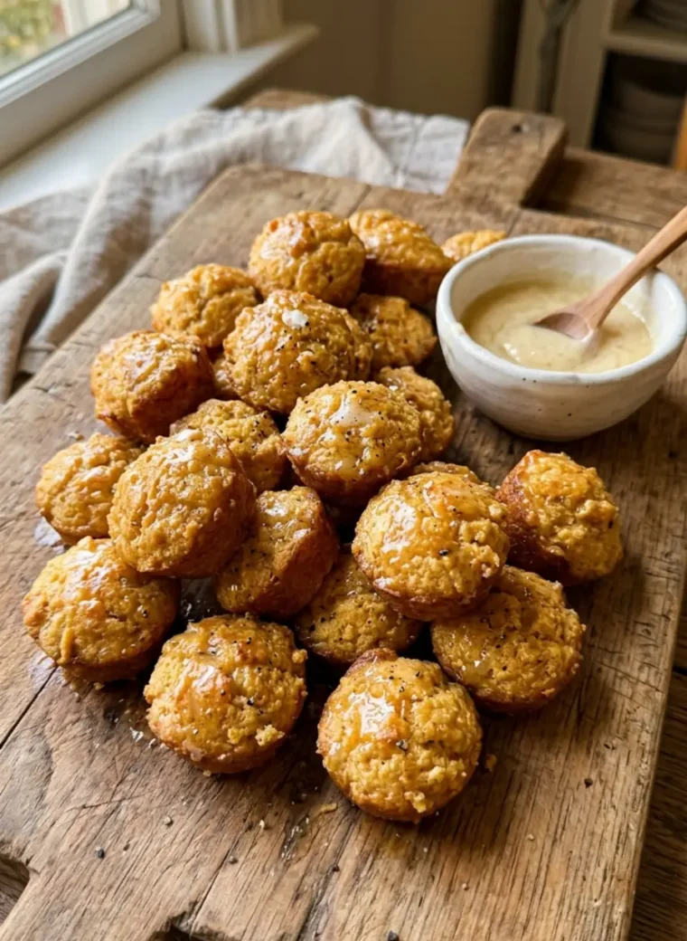 Southern-style Honey Butter Cornbread Poppers stacked on a wooden board with honey butter glaze bowl