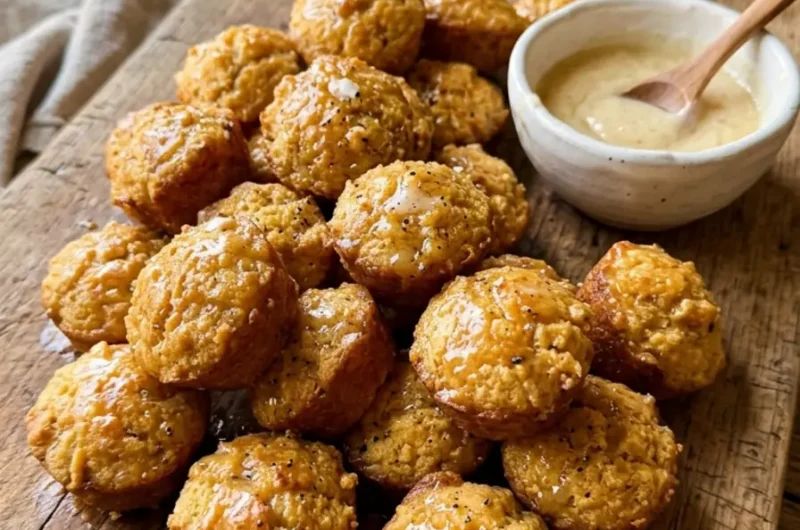 Southern-style Honey Butter Cornbread Poppers stacked on a wooden board with honey butter glaze bowl