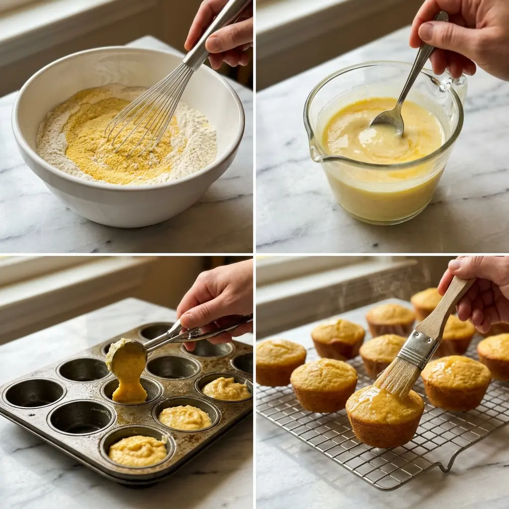4-step cooking process collage for Southern-style Honey Butter Cornbread Poppers