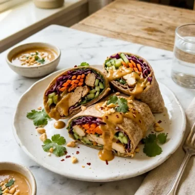 Thai Peanut Chicken Wraps sliced open showing colorful fillings and creamy sauce