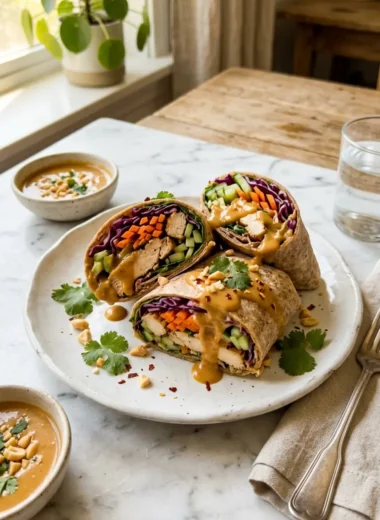 Thai Peanut Chicken Wraps sliced open showing colorful fillings and creamy sauce