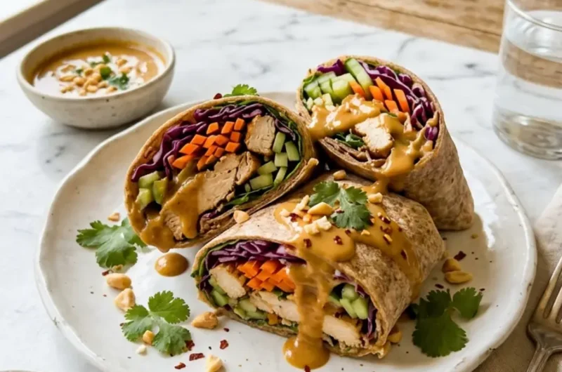 Thai Peanut Chicken Wraps sliced open showing colorful fillings and creamy sauce