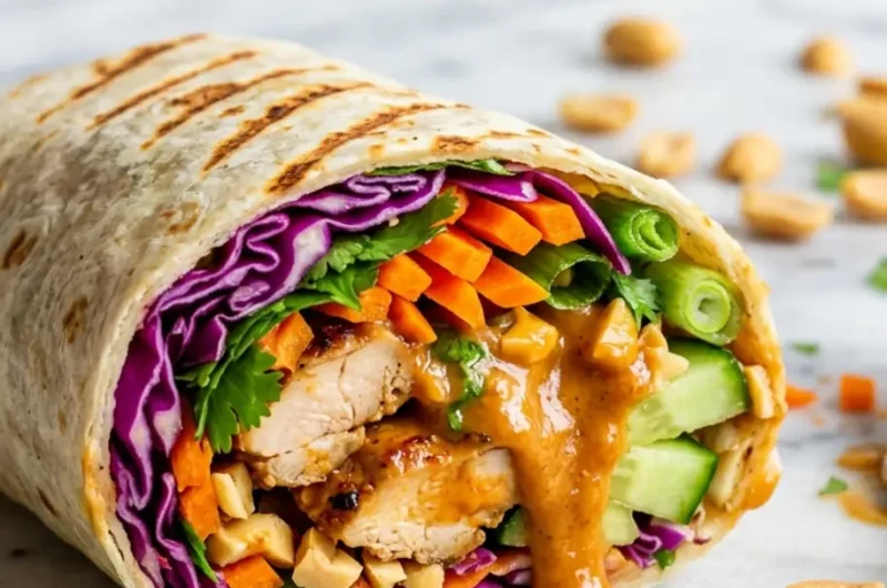 Pinterest pin image for Thai Peanut Chicken Wraps
