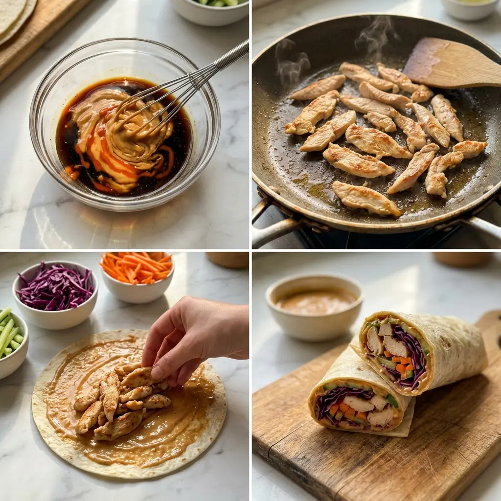 4-step cooking process collage for Thai Peanut Chicken Wraps showing sauce, searing, assembly, and slicing