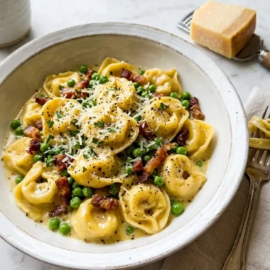 Tortellini Carbonara in white bowl with peas, pancetta, and black pepper
