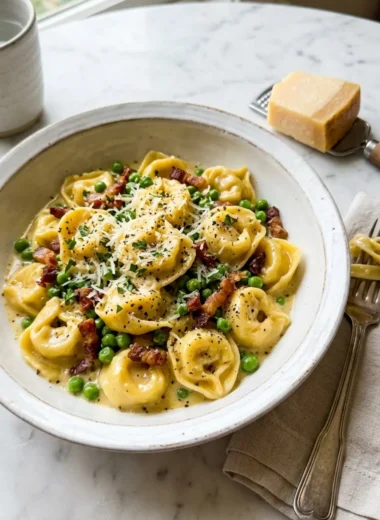 Tortellini Carbonara in white bowl with peas, pancetta, and black pepper