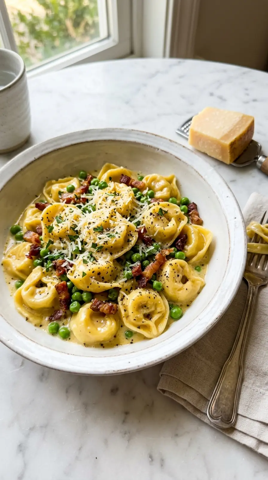 Tortellini Carbonara in white bowl with peas, pancetta, and black pepper