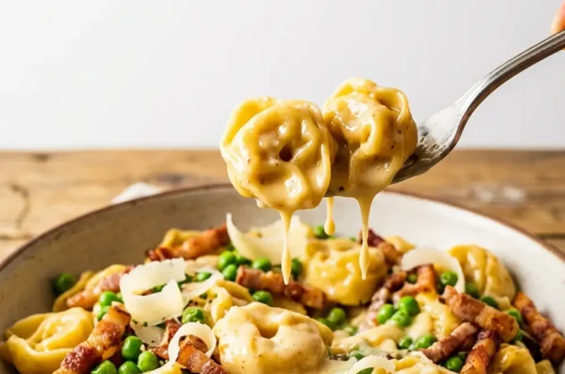 Pinterest pin image for Tortellini Carbonara with fork twirl