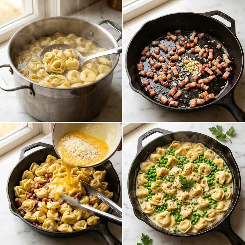 4-step cooking process collage for Tortellini Carbonara showing boiling, crisping pancetta, tossing with egg sauce, and finished dish