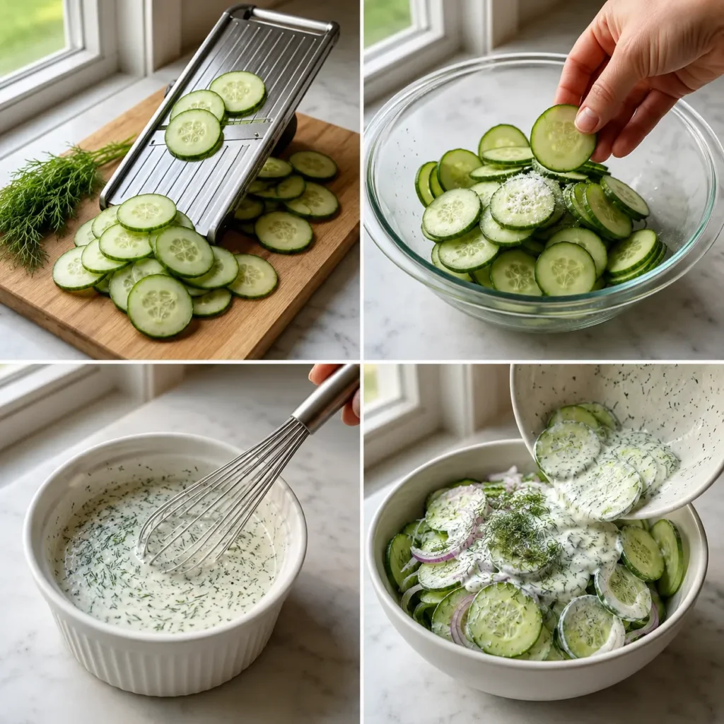 4-step cooking process collage for creamy cucumber dill salad showing slicing, salting, mixing, and plating