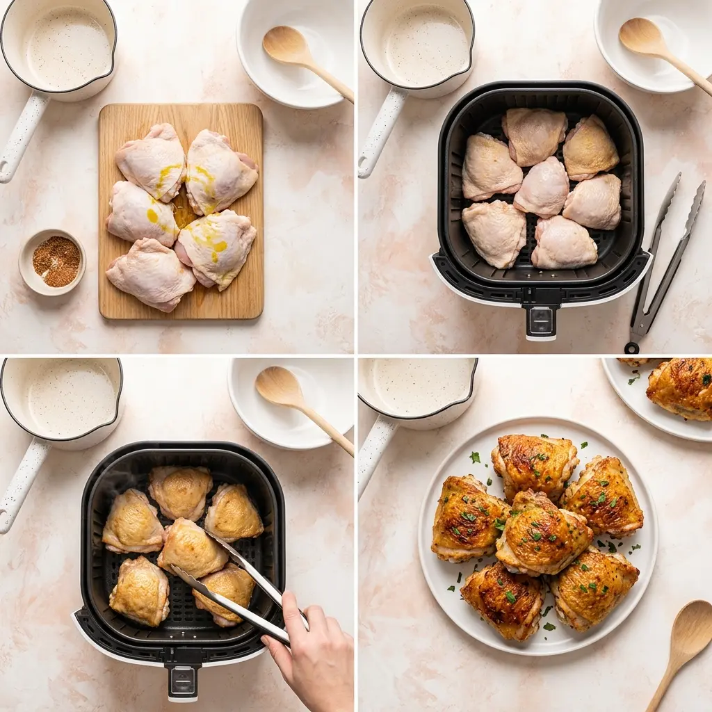 4-step cooking process for air fryer chicken thighs showing prep, searing, combining, and plating