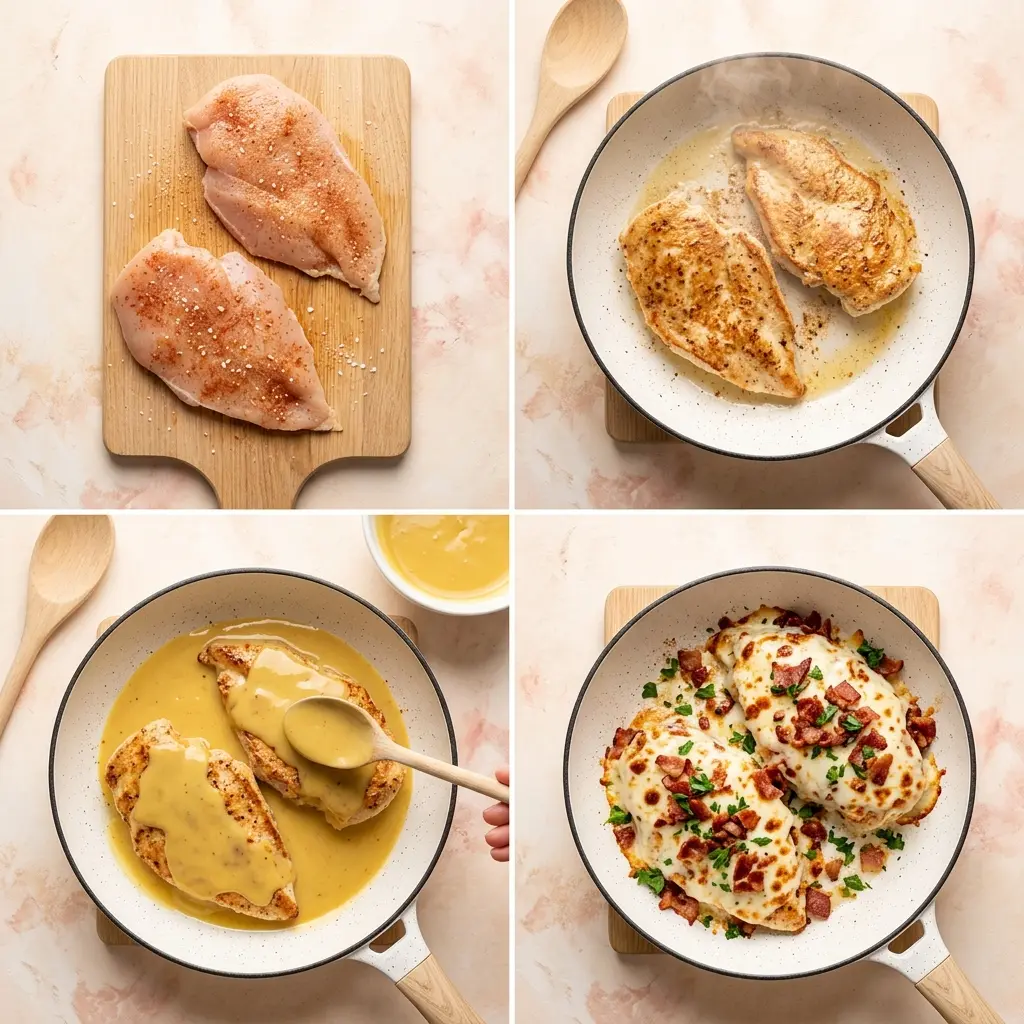 4-step cooking process collage for Alice Springs Chicken (Outback Copycat) showing prep, searing, saucing, and broiled cheese finish