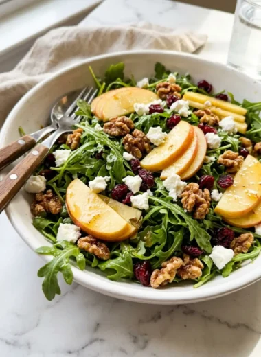 apple arugula salad in a white ceramic bowl with walnuts, goat cheese, and cranberries
