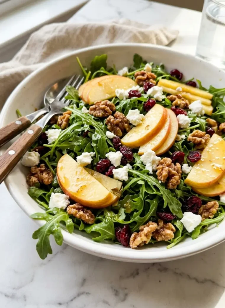 apple arugula salad in a white ceramic bowl with walnuts, goat cheese, and cranberries