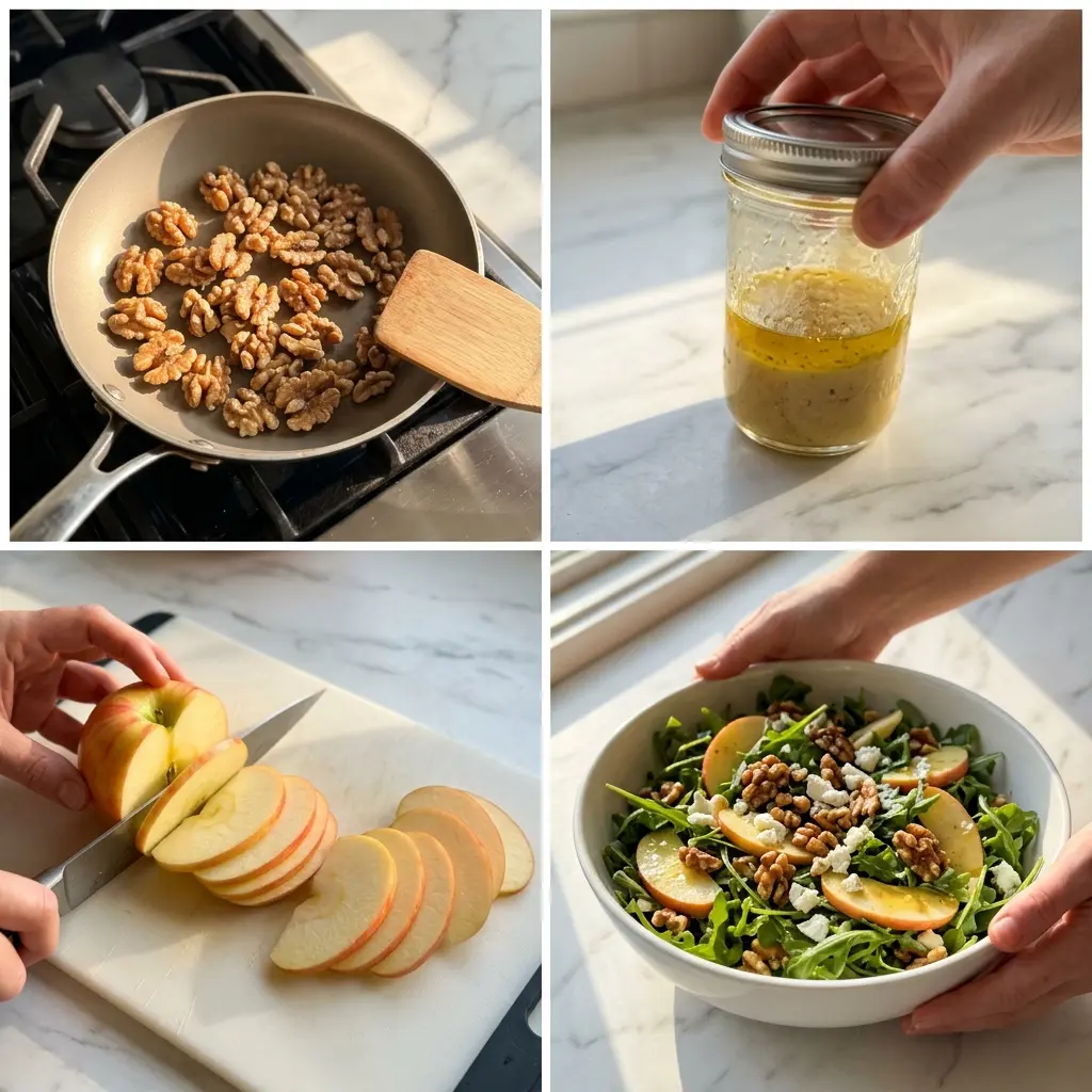 4-step cooking process collage for apple arugula salad showing toasting nuts, shaking dressing, slicing apple, and tossing salad