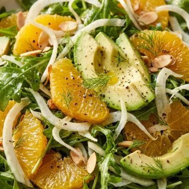 Close-up of Refreshing Arugula, Fennel, and Tangelo Salad freshly made and ready to serve