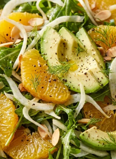 Close-up of Refreshing Arugula, Fennel, and Tangelo Salad freshly made and ready to serve