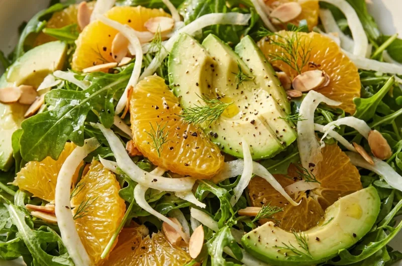 Close-up of Refreshing Arugula, Fennel, and Tangelo Salad freshly made and ready to serve