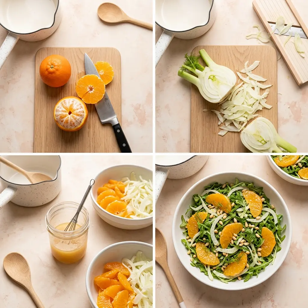 4-step cooking process for refreshing arugula, fennel, and tangelo salad showing supreming, shaving, dressing, and plating