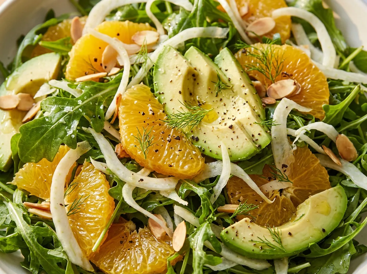 Close-up of Refreshing Arugula, Fennel, and Tangelo Salad freshly made and ready to serve