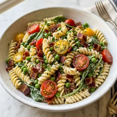 Bacon Ranch Pasta Salad served in a white ceramic bowl with crumbled bacon and fresh veggies