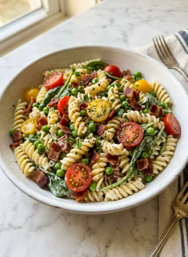 Bacon Ranch Pasta Salad served in a white ceramic bowl with crumbled bacon and fresh veggies