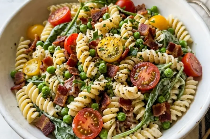 Bacon Ranch Pasta Salad served in a white ceramic bowl with crumbled bacon and fresh veggies