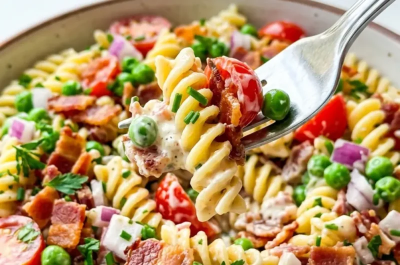 Pinterest pin image for Bacon Ranch Pasta Salad showing creamy pasta with bacon and vegetables
