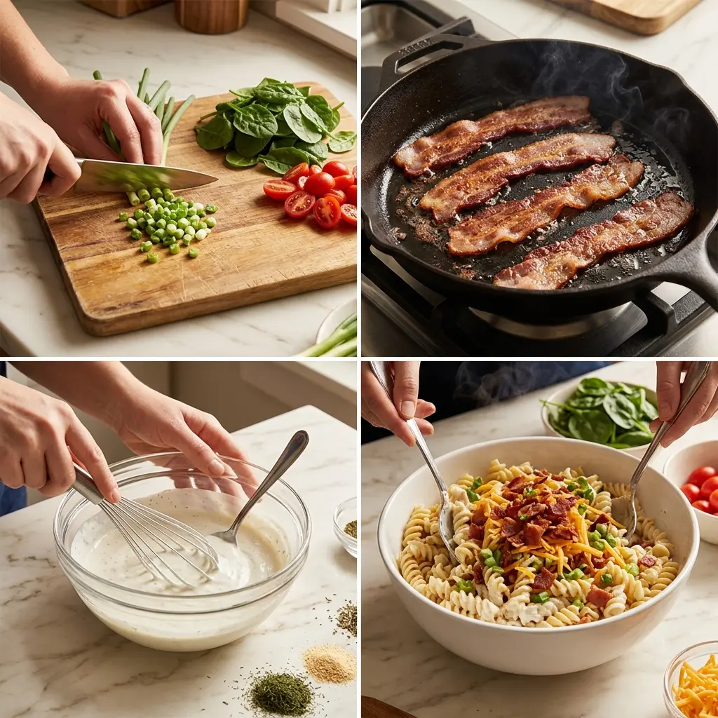 4-step cooking process collage for Bacon Ranch Pasta Salad showing prep, cooking bacon, making dressing, and combining