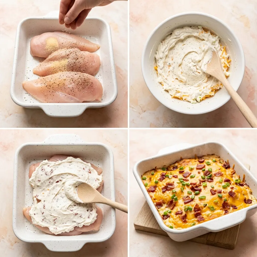 4-step cooking process for baked crack chicken breasts showing seasoning mixing spreading topping and finished bubbly cheese
