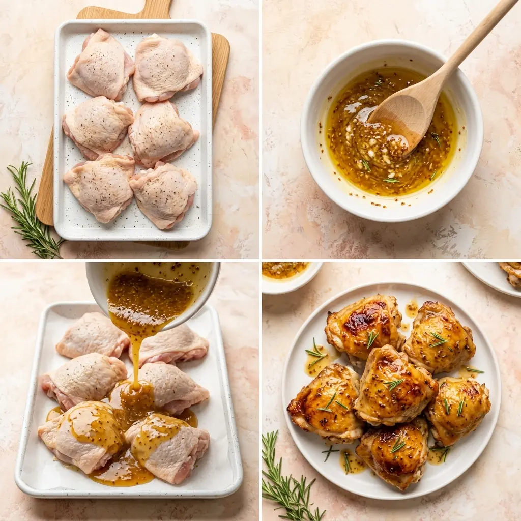 4-step cooking process for baked honey mustard chicken thighs showing prep, whisking, coating, and caramelized plating