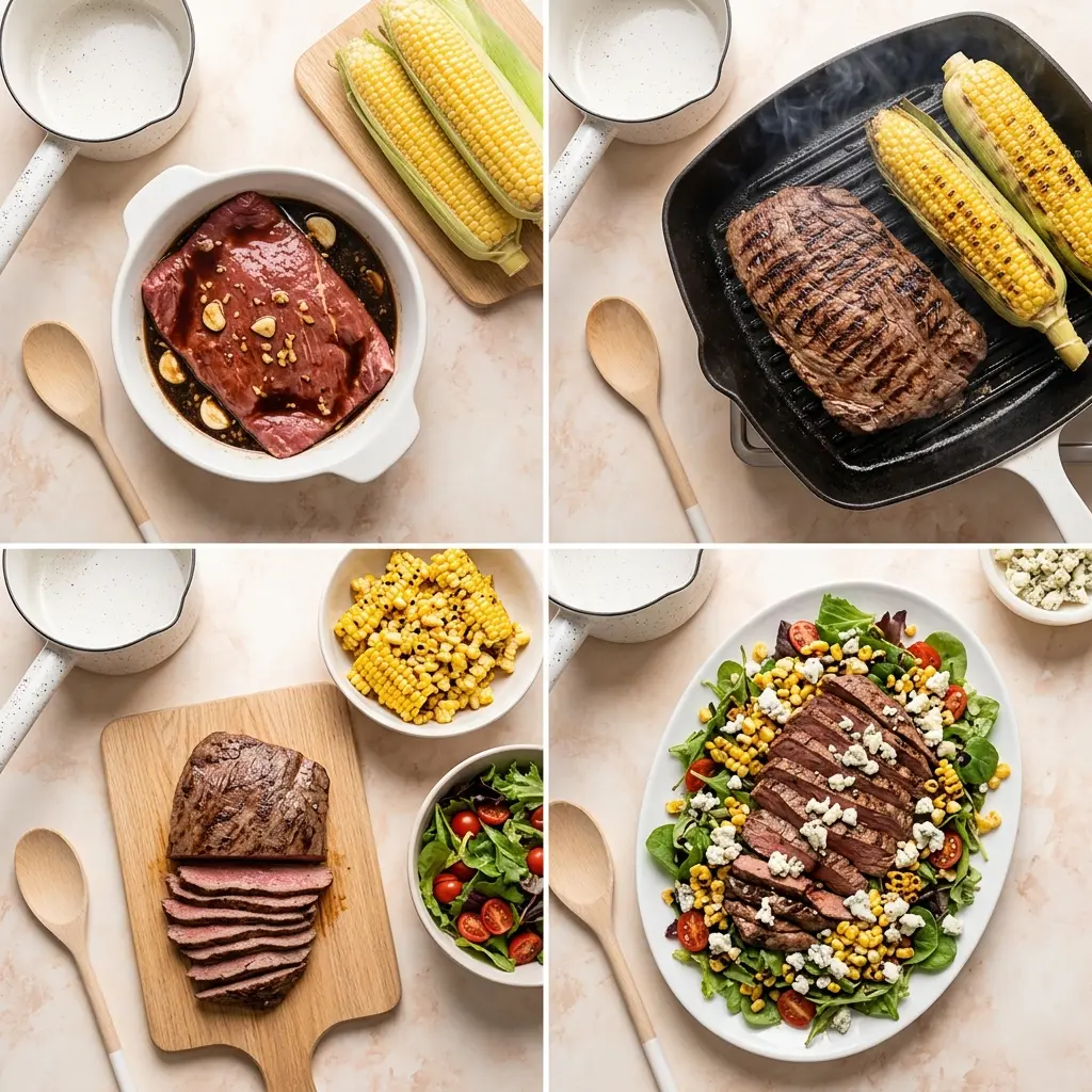 4-step cooking process collage for Balsamic Steak Gorgonzola Salad with Grilled Corn showing prep, grilling, slicing, and plating