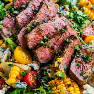 Close-up of Balsamic Steak Gorgonzola Salad with Grilled Corn freshly made and ready to serve
