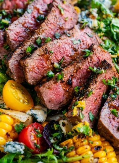 Close-up of Balsamic Steak Gorgonzola Salad with Grilled Corn freshly made and ready to serve