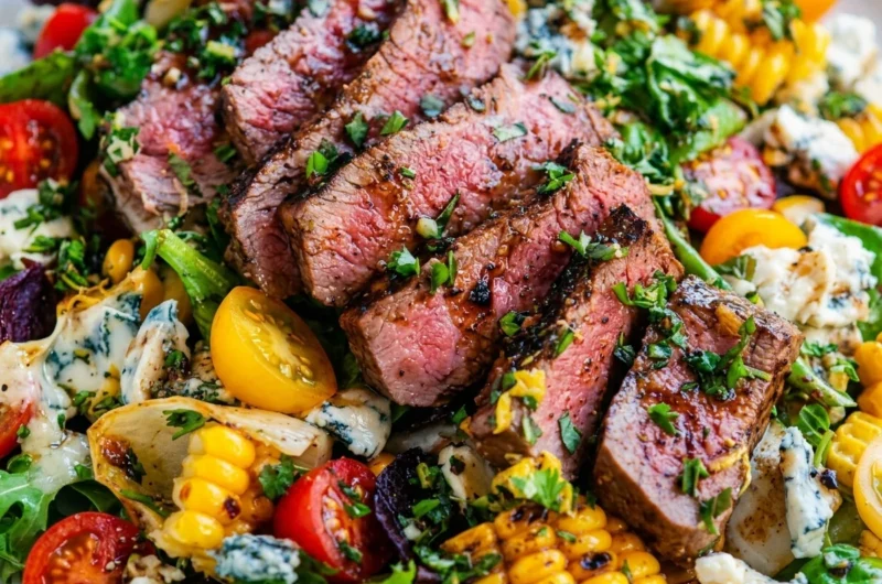 Close-up of Balsamic Steak Gorgonzola Salad with Grilled Corn freshly made and ready to serve