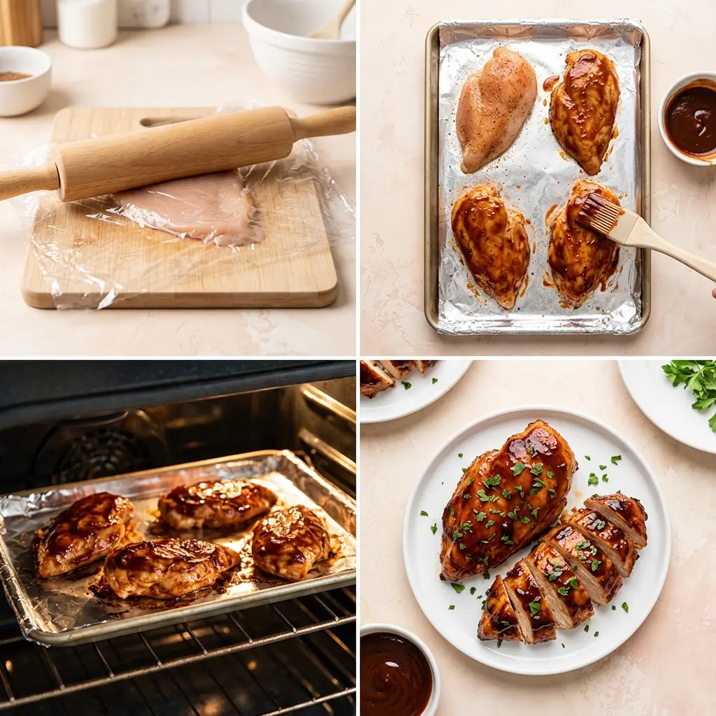 4-step cooking process for 30-Minute BBQ Baked Chicken Breasts showing pounding, glazing, baking, and slicing
