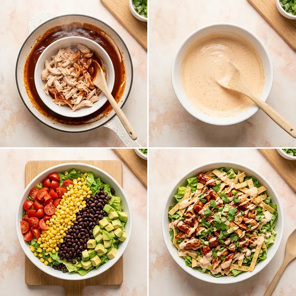 4-step cooking process for bbq chicken chopped salad showing prep, dressing, assembly, and plating