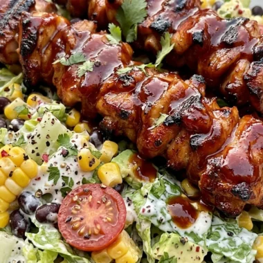 Close-up of BBQ Chicken Skewer Salad freshly made and ready to serve