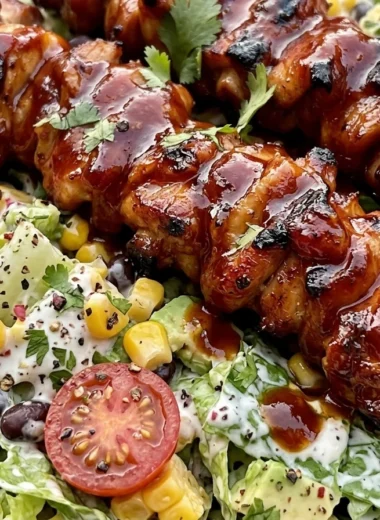 Close-up of BBQ Chicken Skewer Salad freshly made and ready to serve