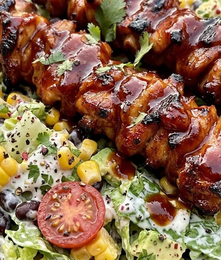 Close-up of BBQ Chicken Skewer Salad freshly made and ready to serve