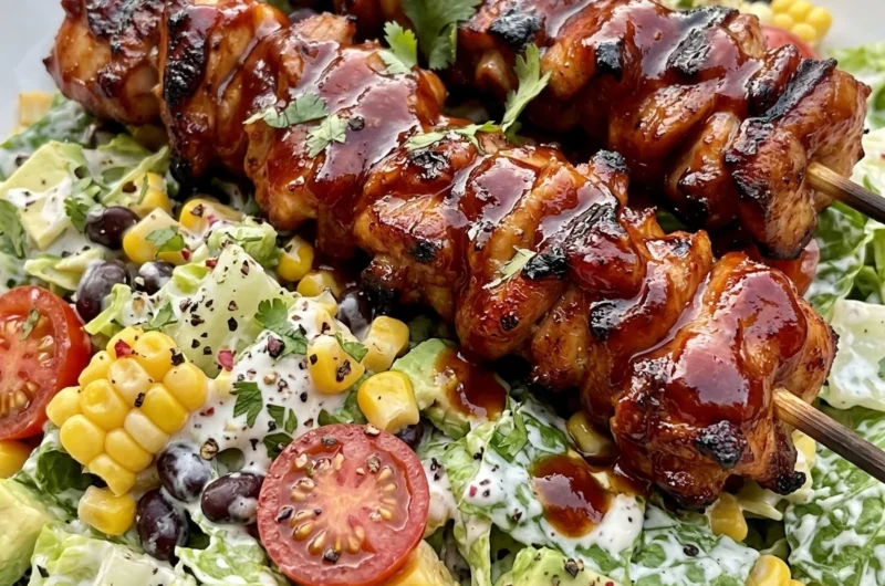 Close-up of BBQ Chicken Skewer Salad freshly made and ready to serve