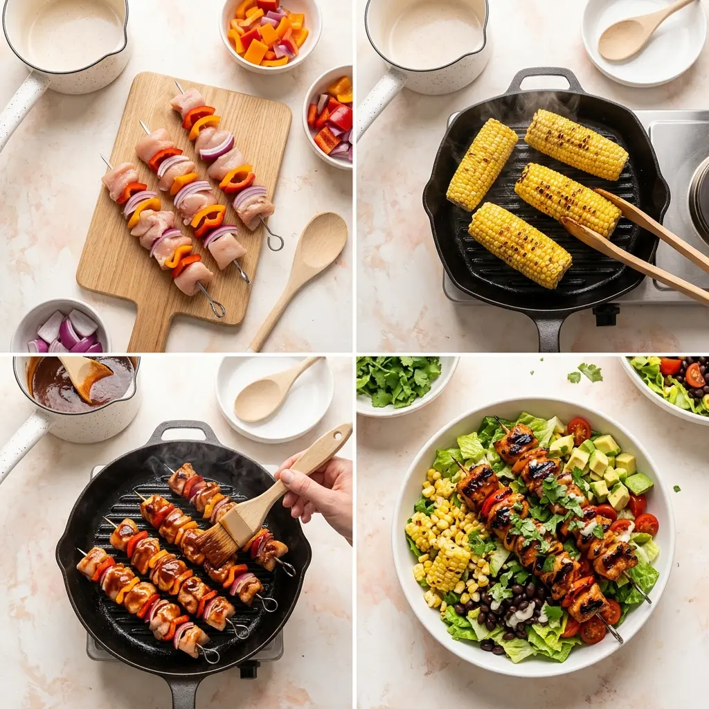4-step cooking process collage for BBQ Chicken Skewer Salad showing threading skewers, grilling corn, basting with sauce, and final plating