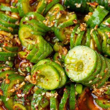 Close-up of Best Asian Cucumber Salad freshly made and ready to serve