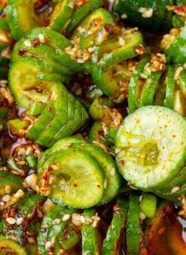 Close-up of Best Asian Cucumber Salad freshly made and ready to serve