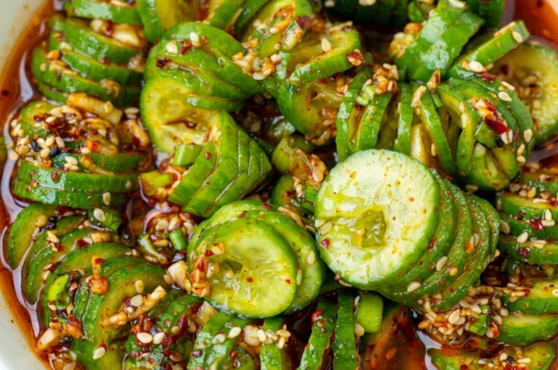 Close-up of Best Asian Cucumber Salad freshly made and ready to serve