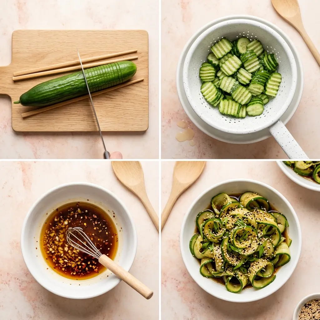 4-step cooking process for best asian cucumber salad showing accordion cut, salting, dressing, and plating