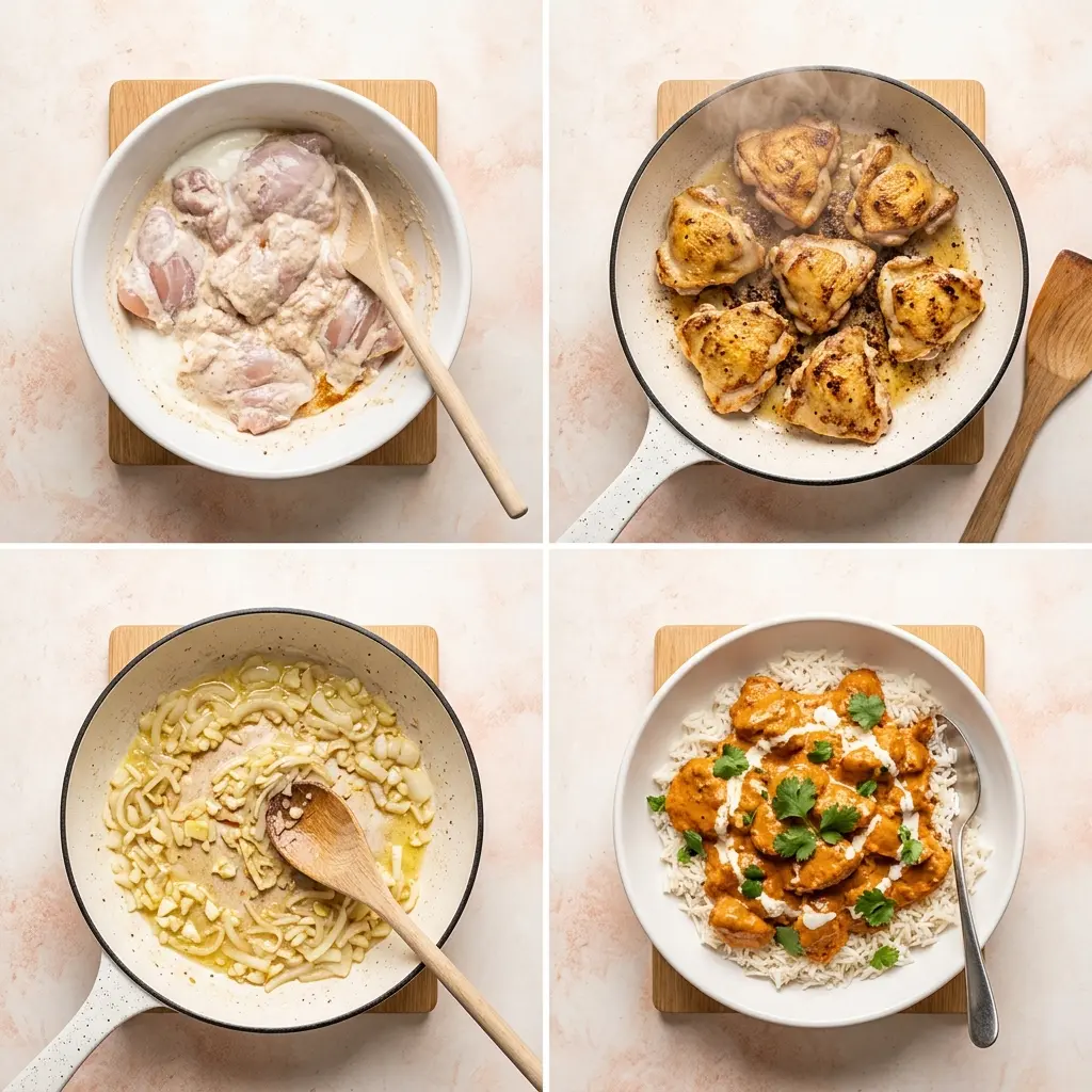 4-step cooking process collage for The Best Butter Chicken (Murgh Makhani) showing marinating, searing, building the sauce, and plating