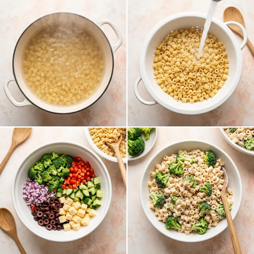 4-step cooking process collage for The Best Creamy Pasta Salad showing boiling, rinsing, mixing vegetables, and finished creamy salad