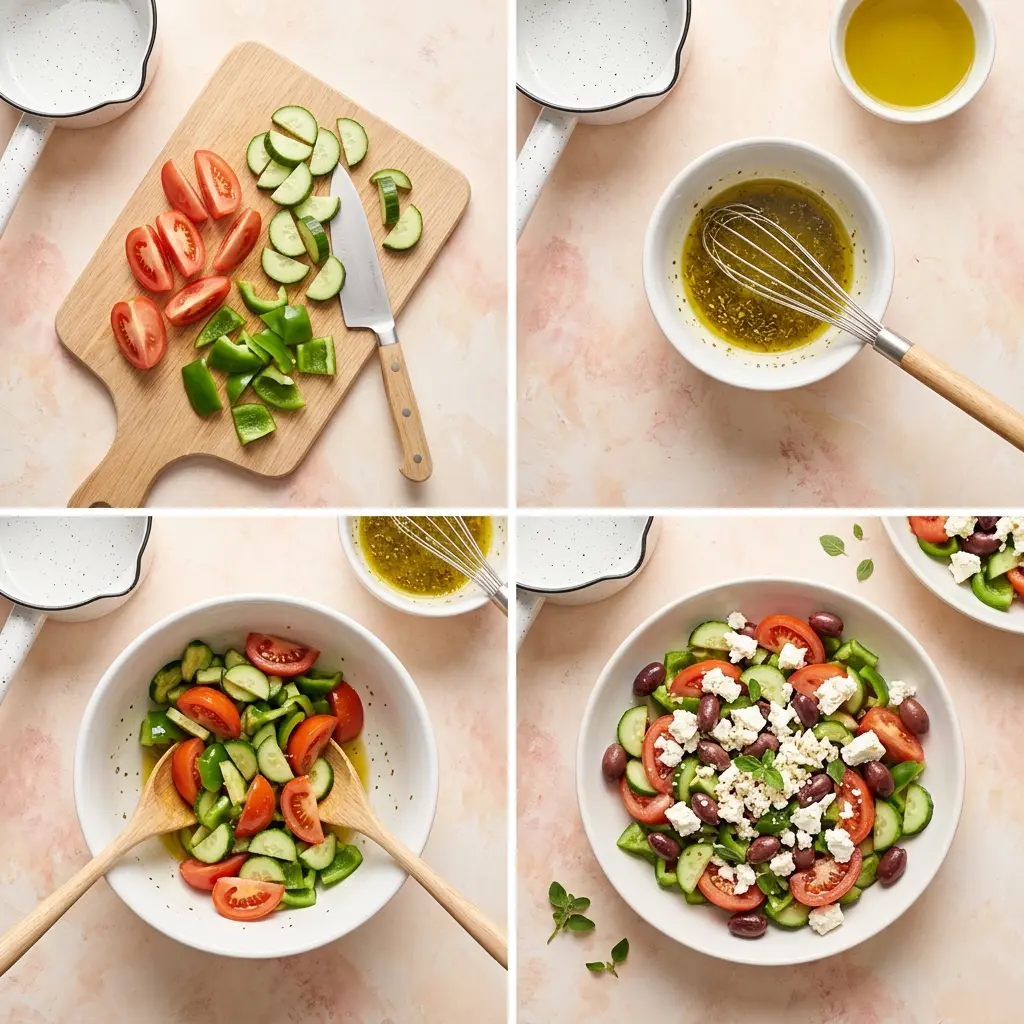 4-step cooking process collage for The Best Greek Salad showing chopping, dressing, tossing, and plating