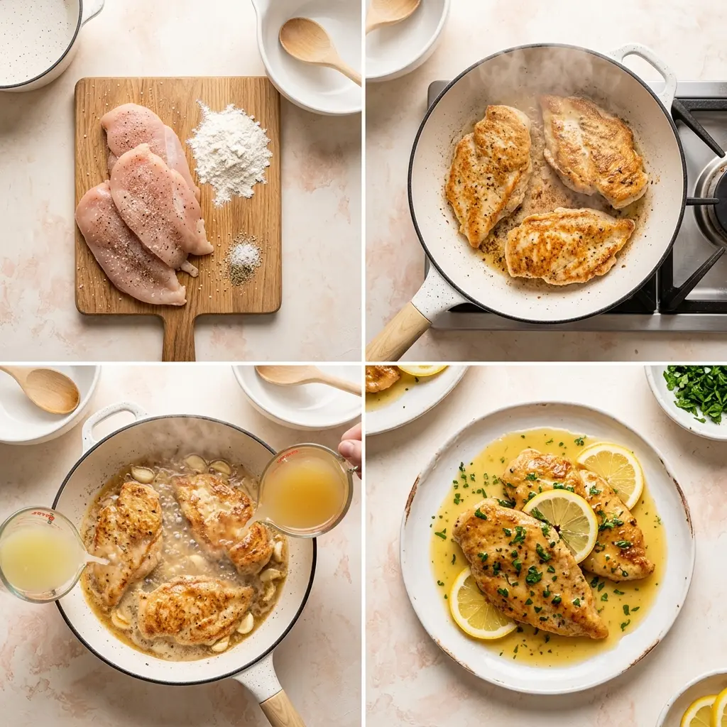 4-step cooking process collage for best lemon chicken showing prep, searing, sauce building, and plating